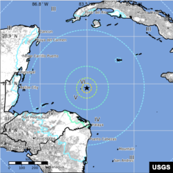Location of earthquake, M 7.6 - 44km E of Great Swan Island, Honduras, Jan. 9, 2018.