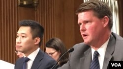 美国国防部亚太安全事务助理部长薛瑞福2018年5月答复议员质询(美国之音钟辰芳拍摄)