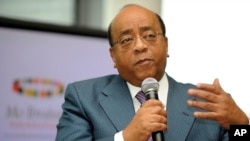 Sudanese telecom magnate Mo Ibrahim speaks to the media at an event in London in 2008.