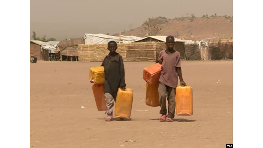 FILE - Children treck long distances to fetch water, near Minawao refugee camp in northern Cameroon, Feb. 9 2018. (M. Kindzeka/VOA)