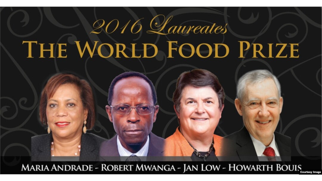 2016 Laureates of The World Food Prize: Maria Andrade, Robert Mwanga, Jan Low, Howarth Bouis (left to right) (Courtesy of The World Food Prize)