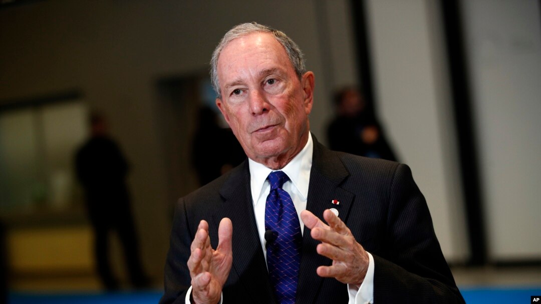 FILE - Michael Bloomberg addresses the media at the One Planet Summit, near Paris, Dec. 12, 2017.