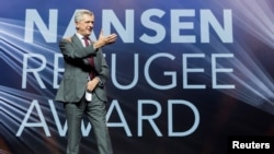 FILE - Filippo Grandi, United Nations High Commissioner for Refugees (UNHCR) gives a speach during the UNHCR's Nansen Refugee Award in Geneva, Switzerland, Oct. 1, 2018.