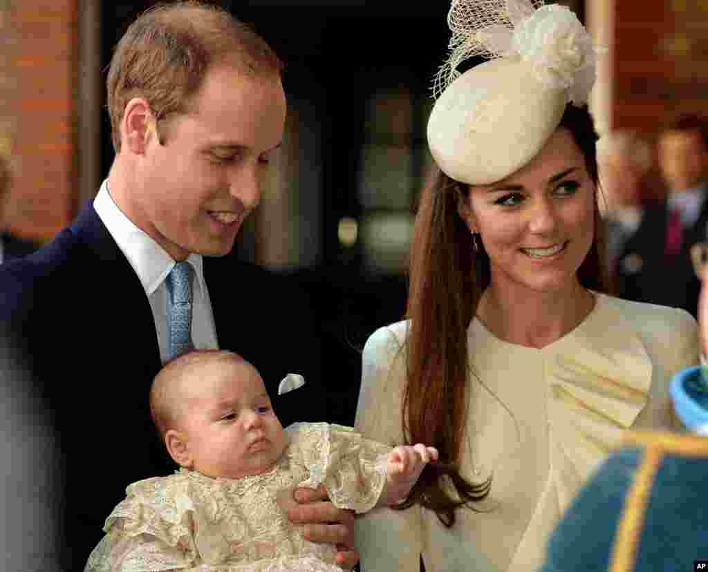 Britain's Prince William, Kate Duchess of Cambridge with their son Prince George arrive at Chapel Royal in St James's Palace in London, for the christening of the three month-old Prince George, Oct. 23, 2013.