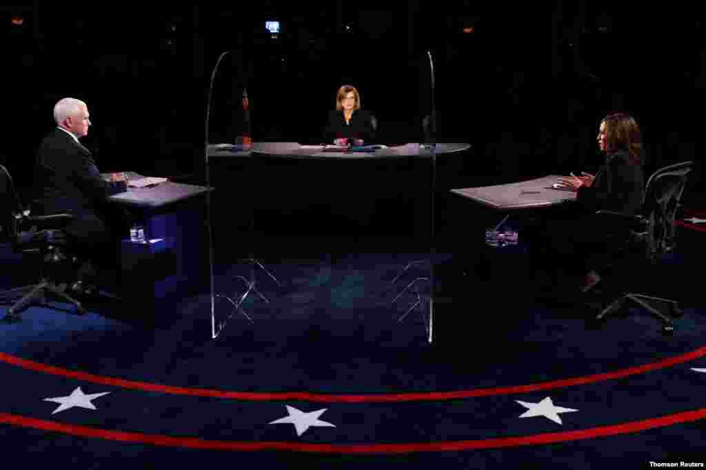 Democratic vice presidential nominee and Senator Kamala Harris speaks during the 2020 vice presidential debate with the Vice President Mike Pence at the University of Utah in Salt Lake City, Utah, Oct. 7, 2020.