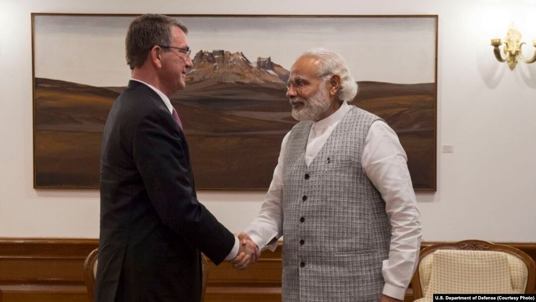 U.S. Defense Secretary Ash Carter meets with India Prime Minister Narendra Modi to discuss the progress on U.S.-India defense relationship, in New Delhi, India, April 12, 2016.