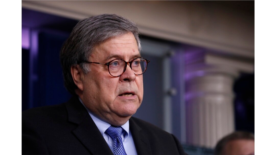 Attorney General William Barr speaks in the James Brady Press Briefing Room of the White House in Washington, April 1, 2020.