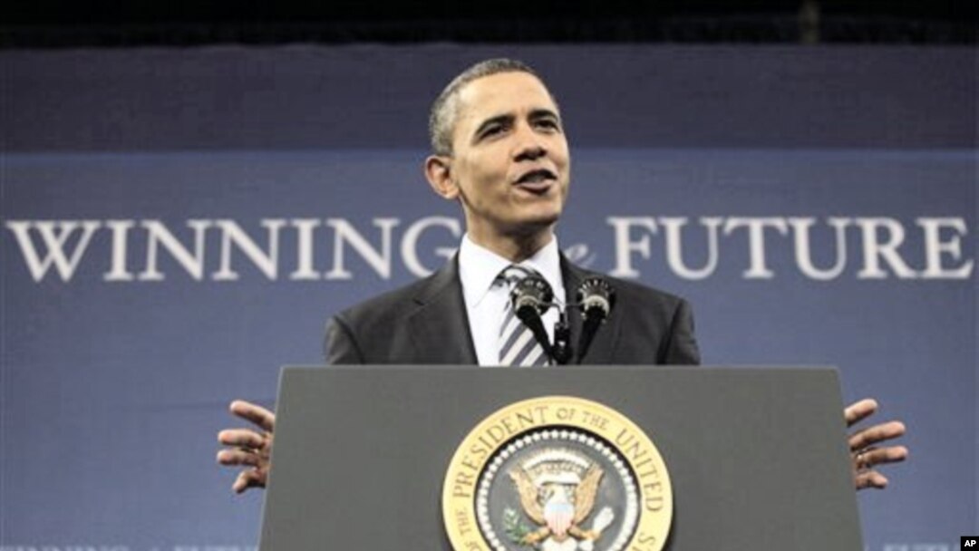 President Barack Obama speaks at Northern Michigan University in Marquette, Michigan, February 10, 2011