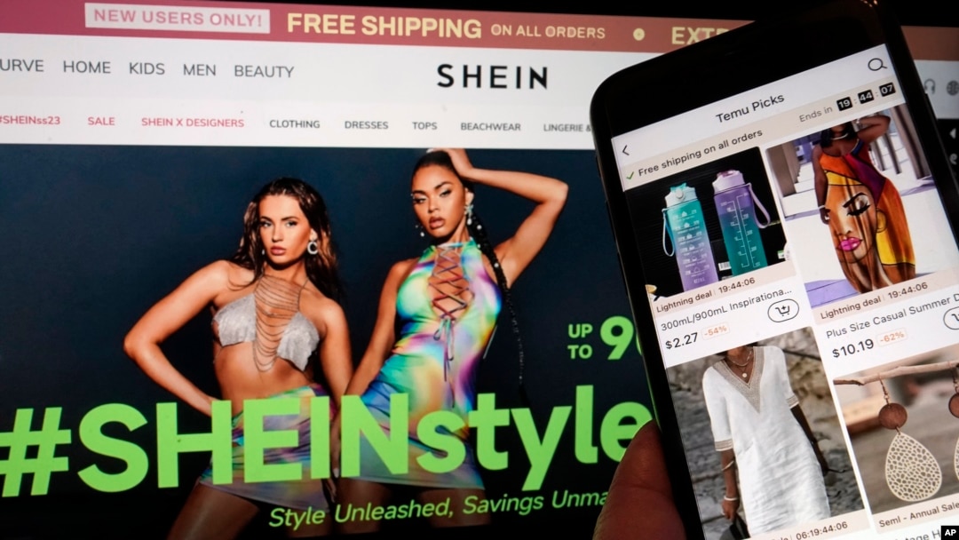 FILE - Pages from the Shein website, left, and from the Temu site, right, as they appeared on June 23, 2023. Shein filed a complaint in a U.S. court on Aug. 21, 2024, against Temu, alleging that its competitor encourages sellers to offer counterfeited items and stolen designs.