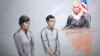 Courtroom sketch shows defendants Dias Kadyrbayev, left, and Azamat Tazhayakov appearing in front of Federal Magistrate Marianne Bowler at the Moakley Federal Courthouse in Boston, May 1, 2013.