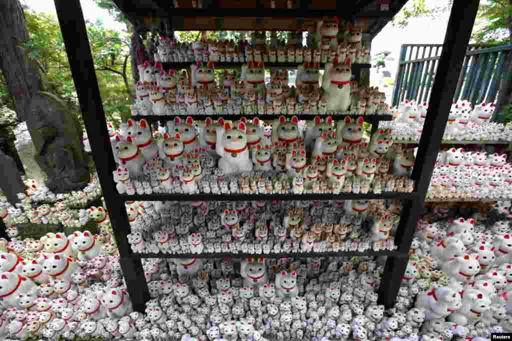 Japanese cat statues called &quot;manekineko&quot;, believed to bring good luck, are dedicated at Gotokuji Temple in Tokyo, Japan.
