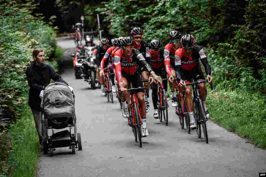 Cyclists of the USA's BMC Racing cycling team ride during a training session in Dusseldorf, Germany, one day before the start of the 104th edition of the Tour de France cycling race. The 2017 Tour de France will start July 1 in the streets of Dusseldorf and ends July 23, 2017 down the Champs-Elysees in Paris.