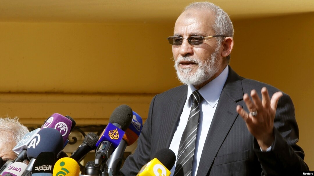FILE - The supreme guide of Egypt's Muslim Brotherhood Mohamed Badie speaks during a news conference at the Brotherhood's main office in Cairo, Dec. 8, 2012. 