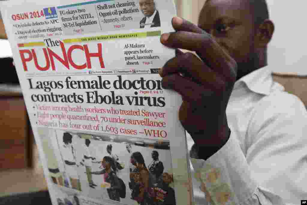 G'arbiy Afrikadagi gazetalarning bosh sahifasidan Ebola virusiga oid so'nggi yangiliklar o'rin olgan.
