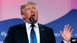 President Donald Trump speaks to the 2017 Value Voters Summit, Friday, Oct. 13, 2017, in Washington. 