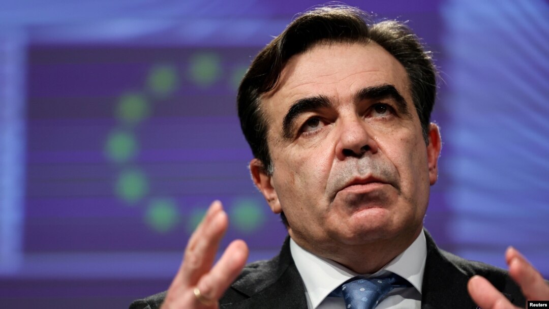 FILE - European Commission Vice President Margaritis Schinas speaks during a news conference at the EU headquarters in Brussels, Belgium, Jan. 19, 2021.